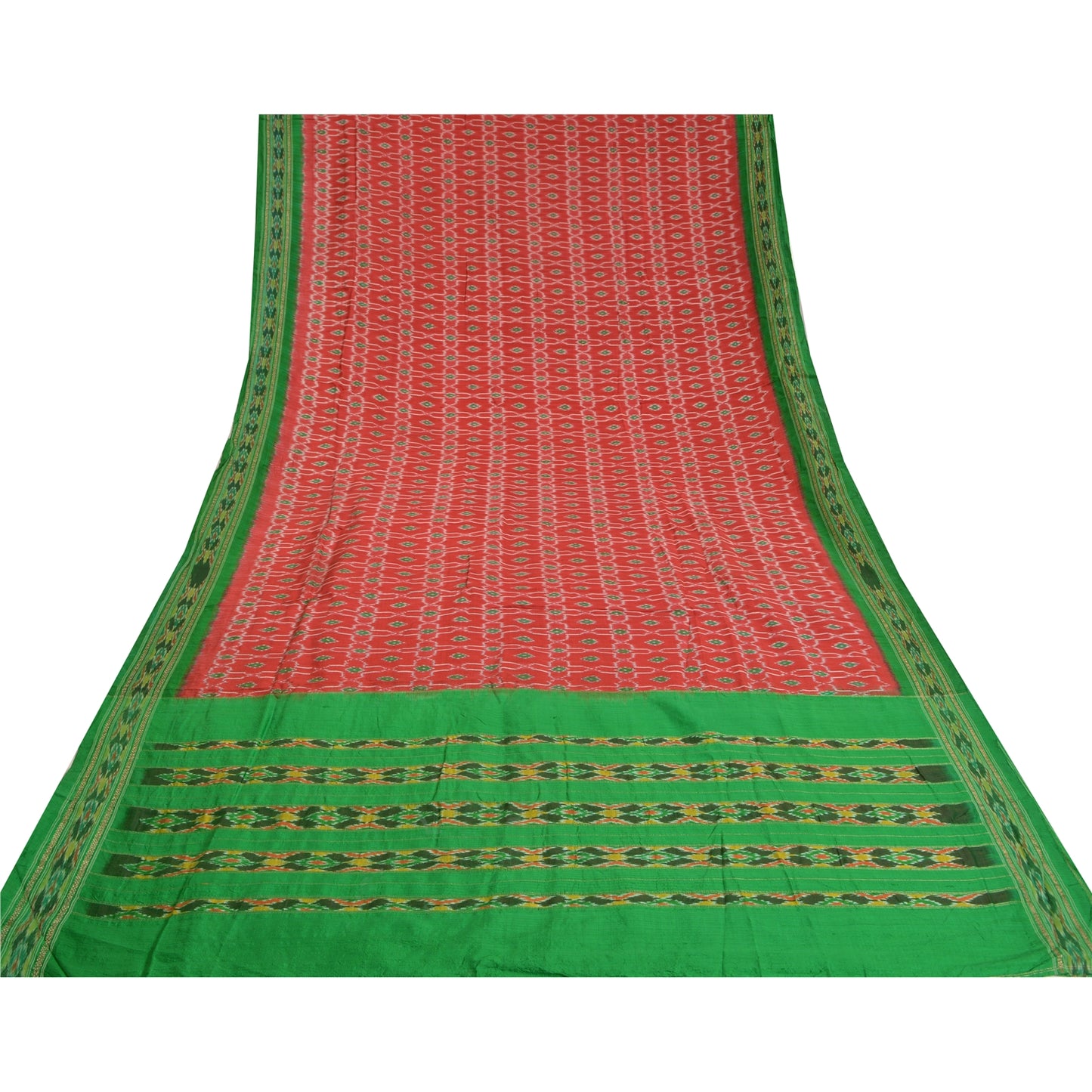 Sanskriti Vintage Saree Red Sambhalpuri Hand Woven Ikat Pure Silk Sari Sustainable Fabric