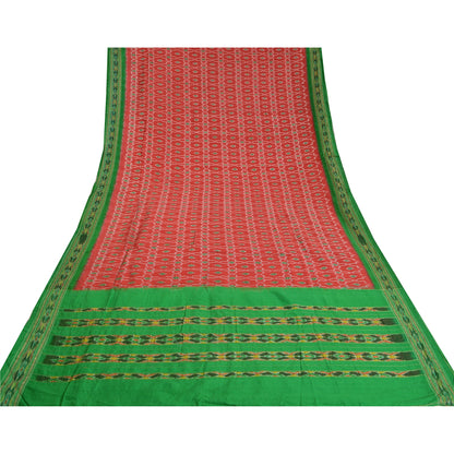 Sanskriti Vintage Saree Red Sambhalpuri Hand Woven Ikat Pure Silk Sari Sustainable Fabric
