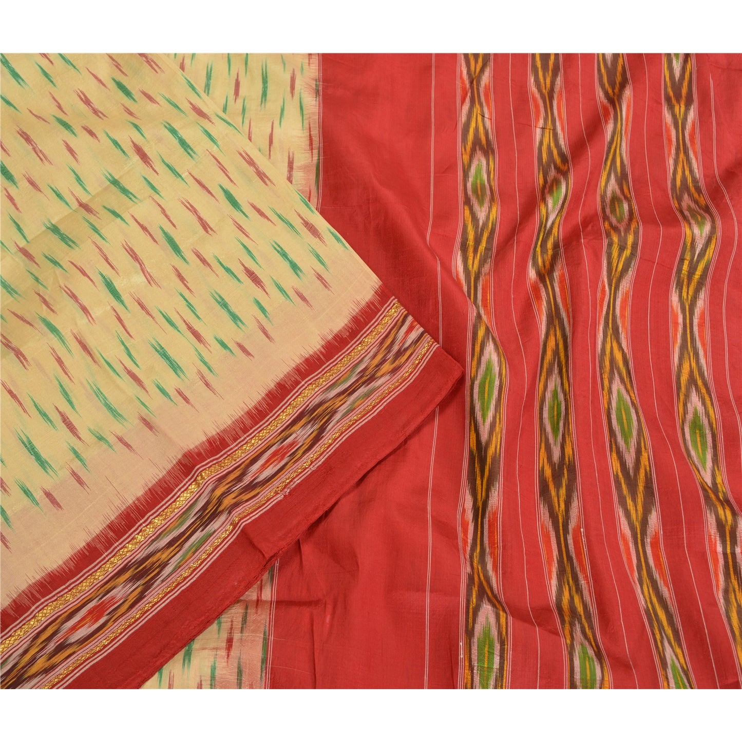 Sanskriti Vintage Saree Cream Pochampally Hand Woven Ikat Pure Silk Sari Sustainable Fabric
