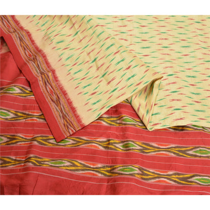 Sanskriti Vintage Saree Cream Pochampally Hand Woven Ikat Pure Silk Sari Sustainable Fabric