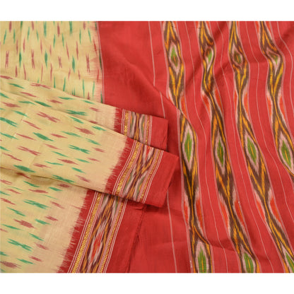 Sanskriti Vintage Saree Cream Pochampally Hand Woven Ikat Pure Silk Sari Sustainable Fabric