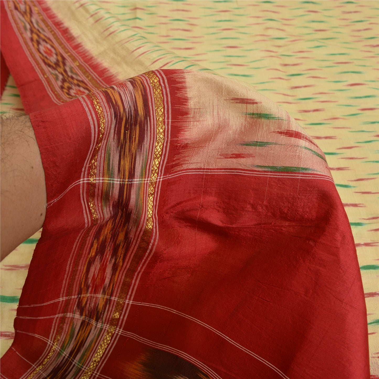 Sanskriti Vintage Saree Cream Pochampally Hand Woven Ikat Pure Silk Sari Sustainable Fabric