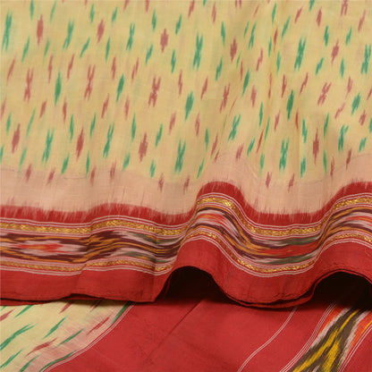 Sanskriti Vintage Saree Cream Pochampally Hand Woven Ikat Pure Silk Sari Sustainable Fabric