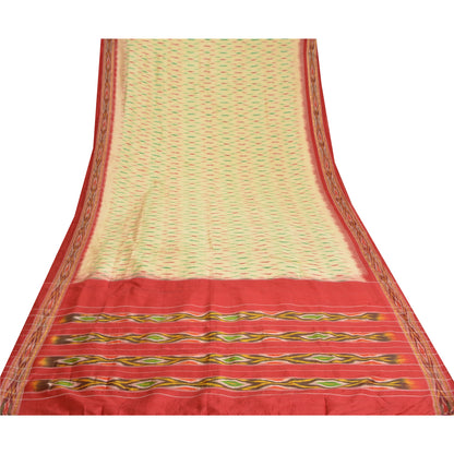 Sanskriti Vintage Saree Cream Pochampally Hand Woven Ikat Pure Silk Sari Sustainable Fabric