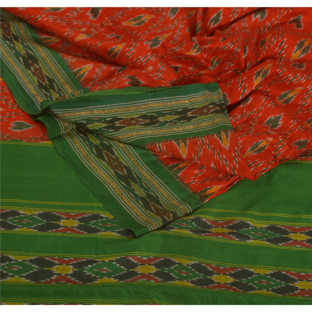 Sanskriti Vintage Indian Saree Hand Ikat Woven Work Patola Sari Orange Fabric Pure Silk Orange