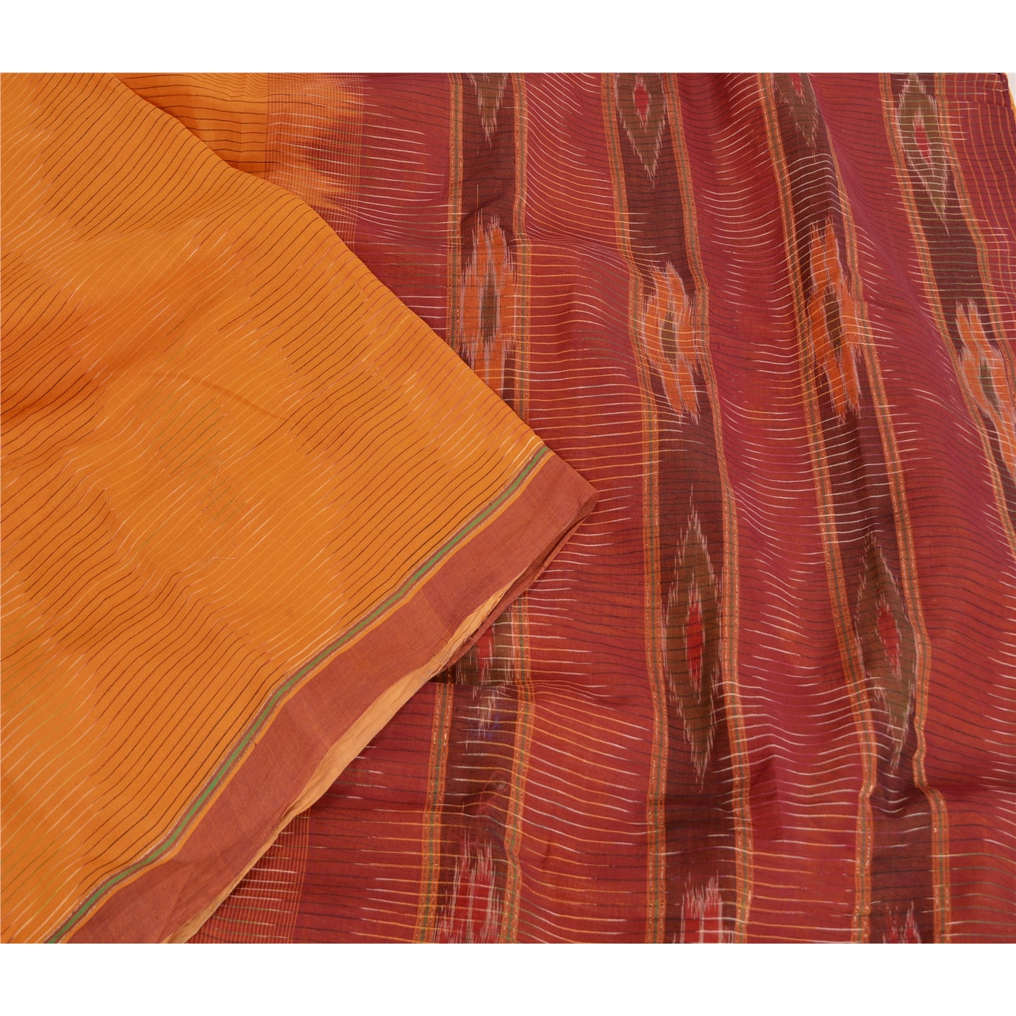 Sanskriti Vintage Saree Yellow Odisha Hand Woven Ikat Pure Cotton Sari Sustainable Fabric
