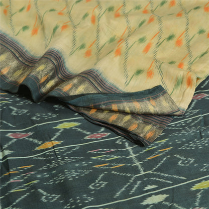 Sanskriti Vintage Saree From India Ivory Hand Woven Ikat Pure Silk Sari Sustainable Fabric