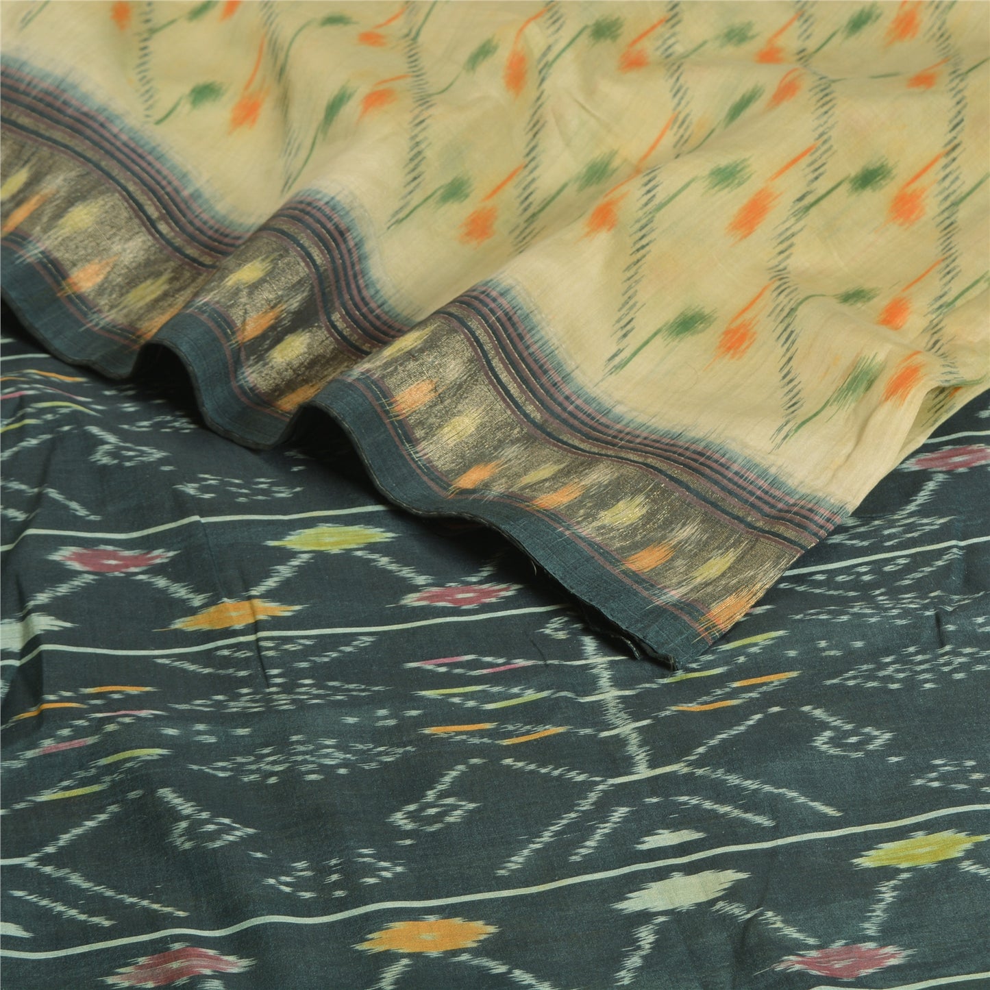 Sanskriti Vintage Saree From India Ivory Hand Woven Ikat Pure Silk Sari Sustainable Fabric