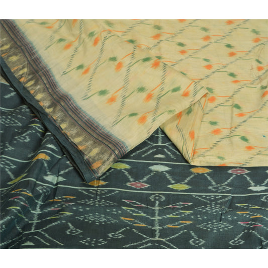 Sanskriti Vintage Saree From India Ivory Hand Woven Ikat Pure Silk Sari Sustainable Fabric