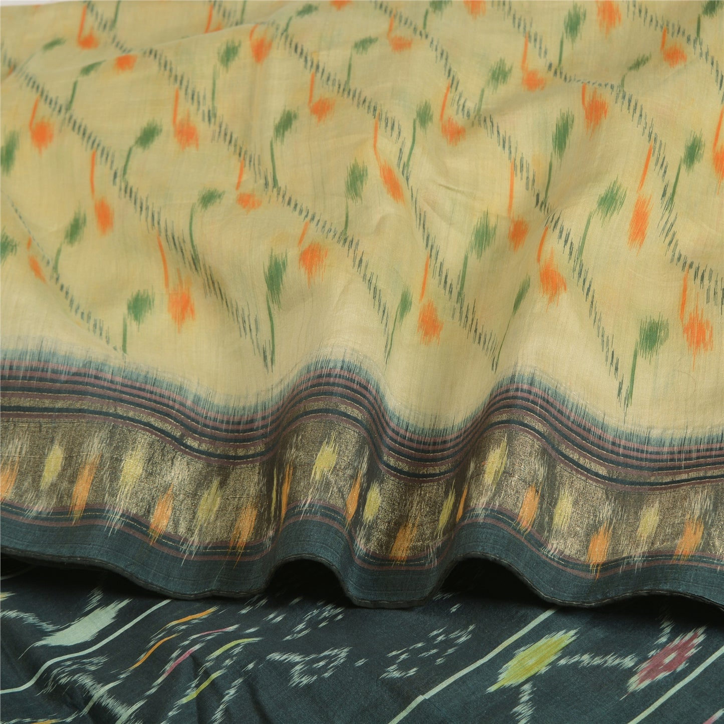 Sanskriti Vintage Saree From India Ivory Hand Woven Ikat Pure Silk Sari Sustainable Fabric