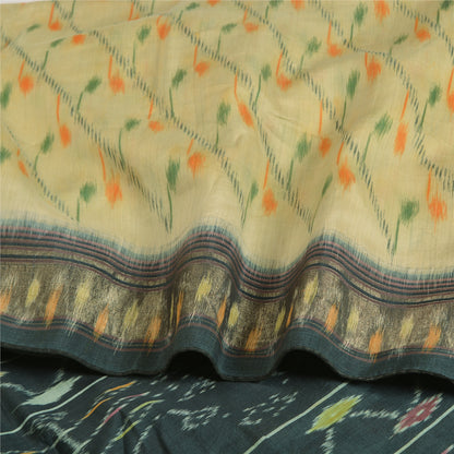 Sanskriti Vintage Saree From India Ivory Hand Woven Ikat Pure Silk Sari Sustainable Fabric