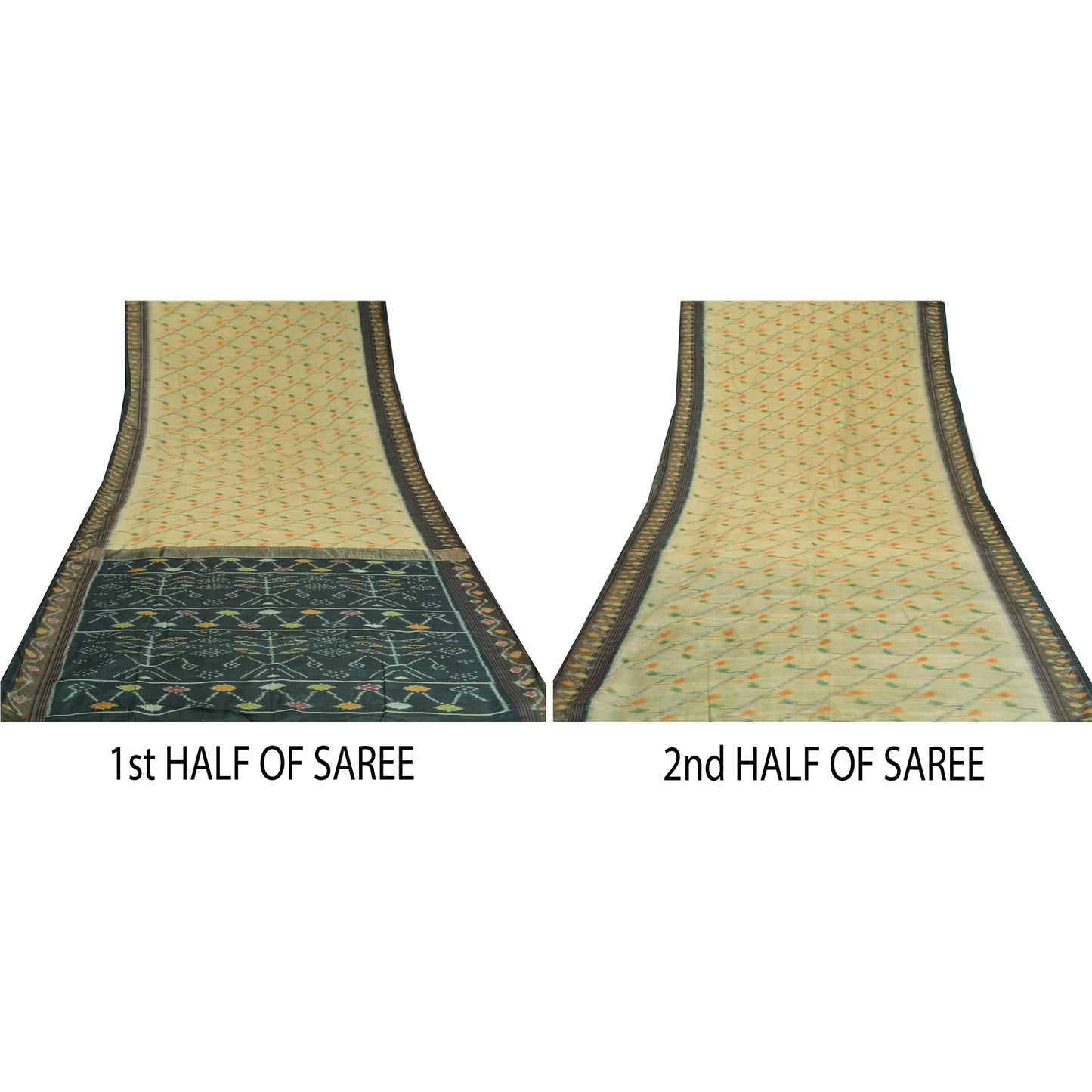 Sanskriti Vintage Saree From India Ivory Hand Woven Ikat Pure Silk Sari Sustainable Fabric