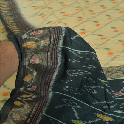 Sanskriti Vintage Saree From India Ivory Hand Woven Ikat Pure Silk Sari Sustainable Fabric