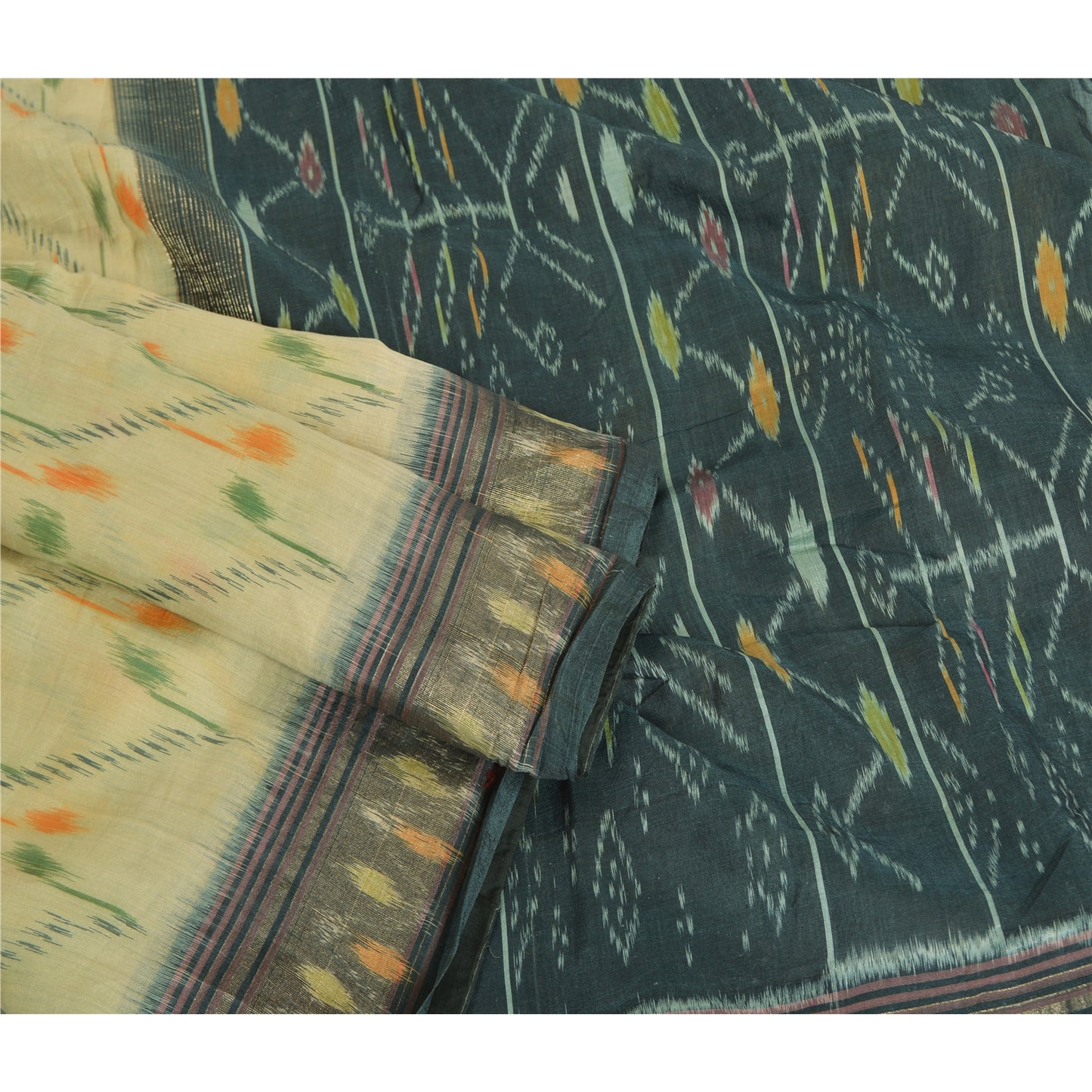 Sanskriti Vintage Saree From India Ivory Hand Woven Ikat Pure Silk Sari Sustainable Fabric