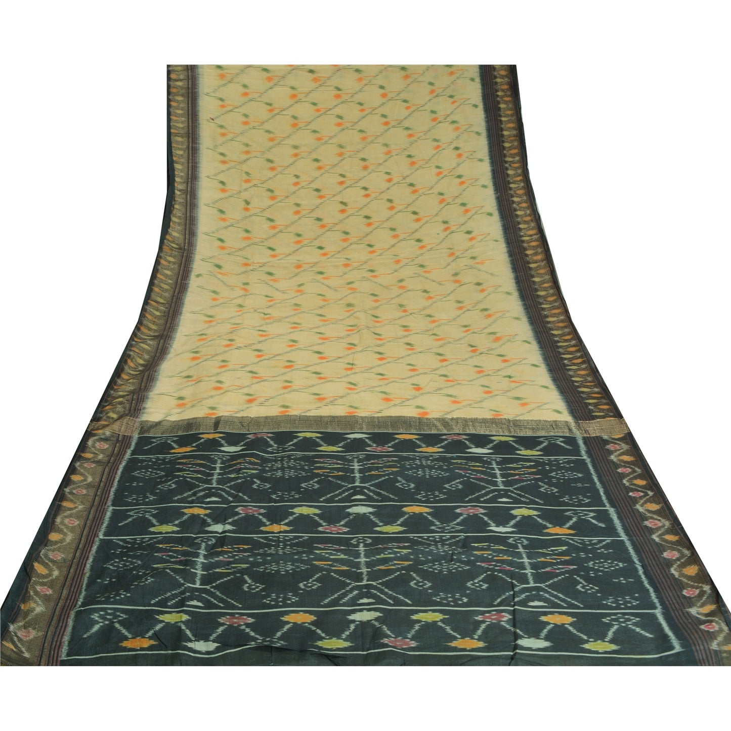 Sanskriti Vintage Saree From India Ivory Hand Woven Ikat Pure Silk Sari Sustainable Fabric