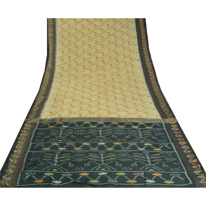 Sanskriti Vintage Saree From India Ivory Hand Woven Ikat Pure Silk Sari Sustainable Fabric