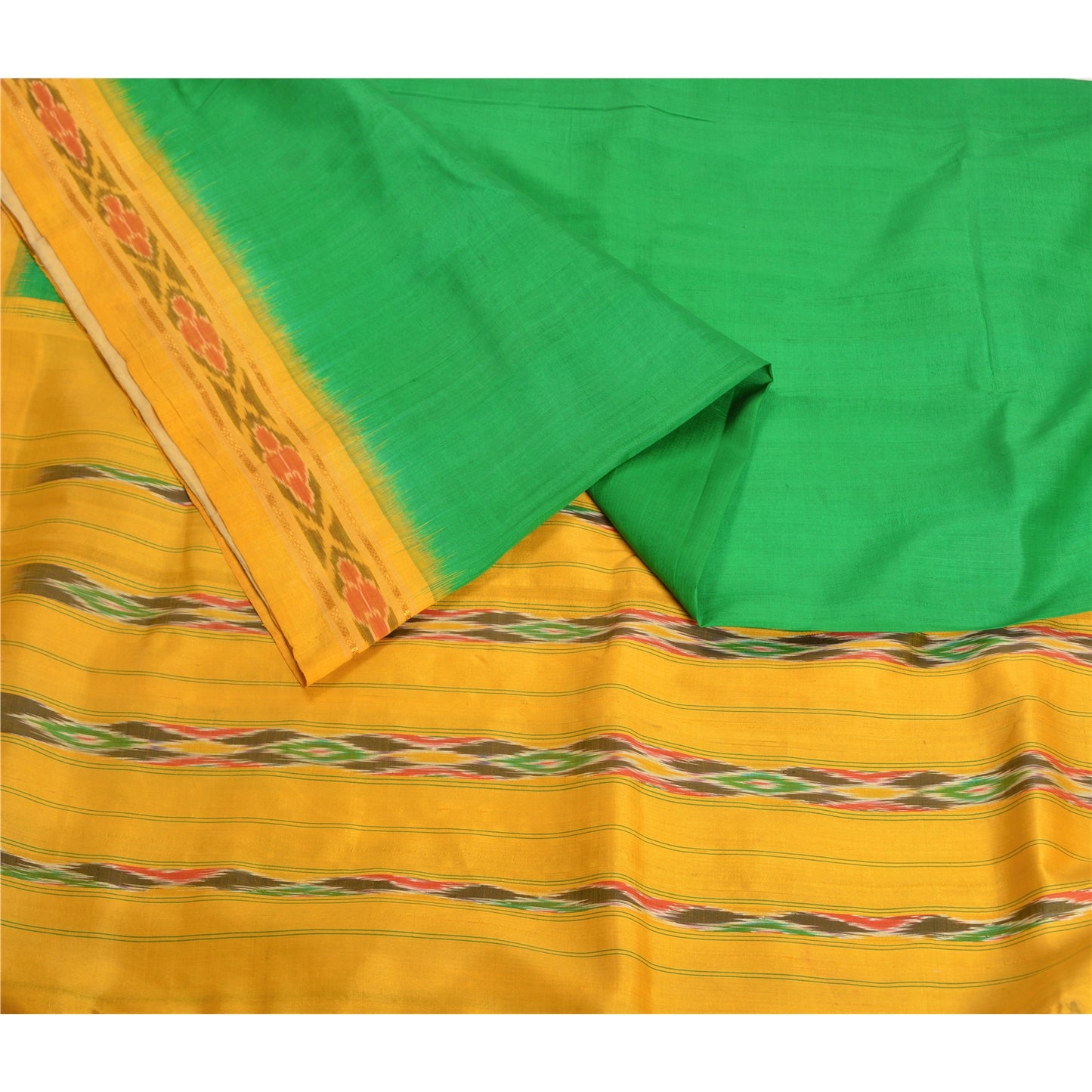 Sanskriti Vintage Saree Green Pochampally Hand Woven Ikat Pure Silk Sari Sustainable Fabric