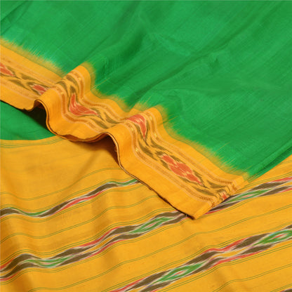 Sanskriti Vintage Saree Green Pochampally Hand Woven Ikat Pure Silk Sari Sustainable Fabric