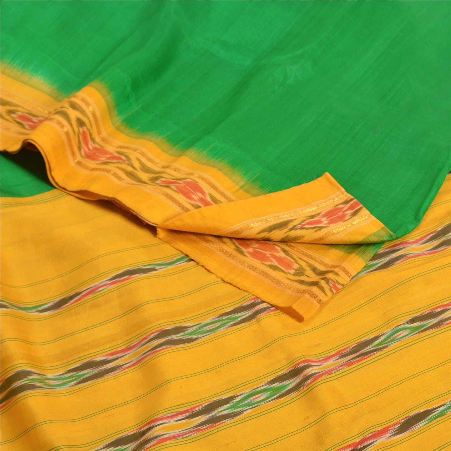 Sanskriti Vintage Saree Green Pochampally Hand Woven Ikat Pure Silk Sari Sustainable Fabric