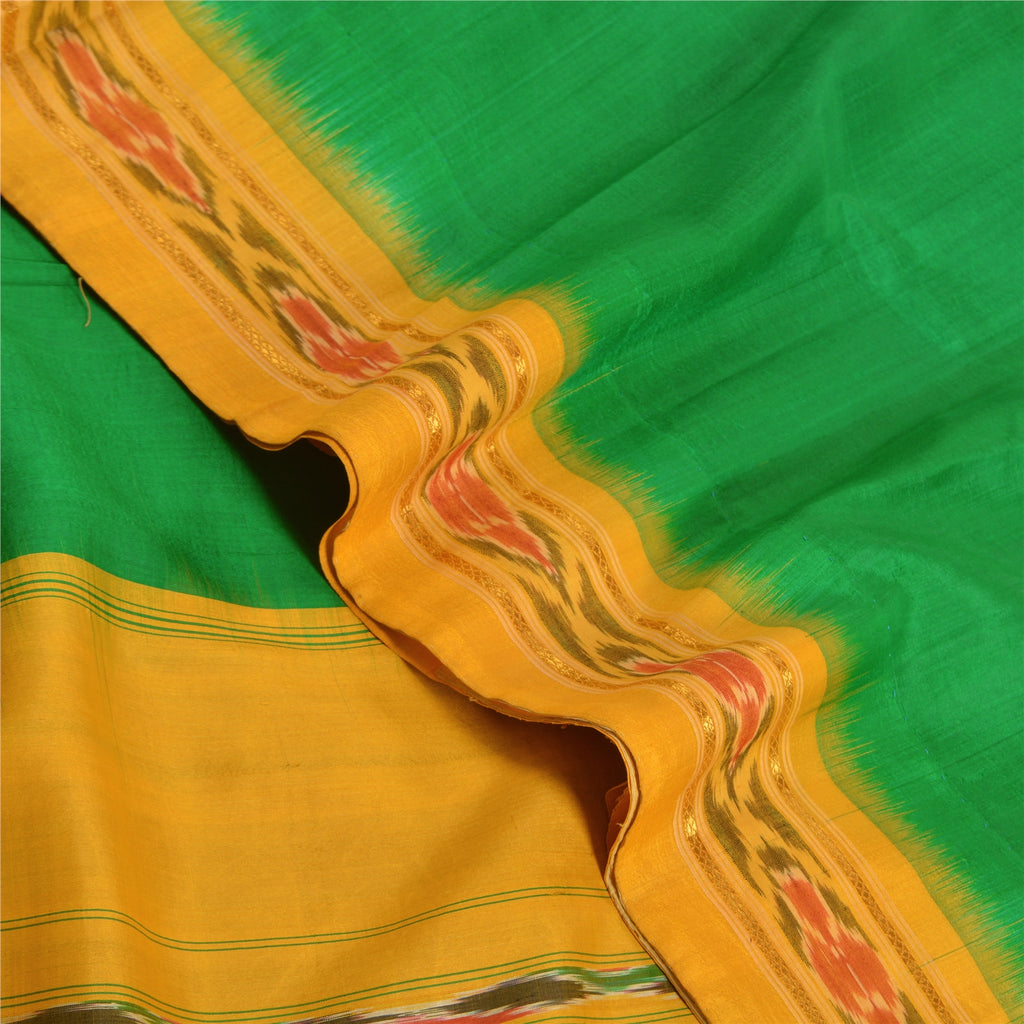 Sanskriti Vintage Saree Green Pochampally Hand Woven Ikat Pure Silk Sari Sustainable Fabric