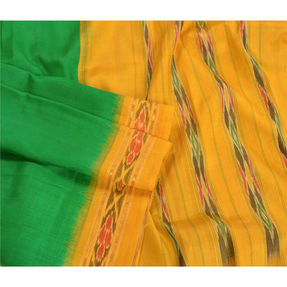 Sanskriti Vintage Saree Green Pochampally Hand Woven Ikat Pure Silk Sari Sustainable Fabric