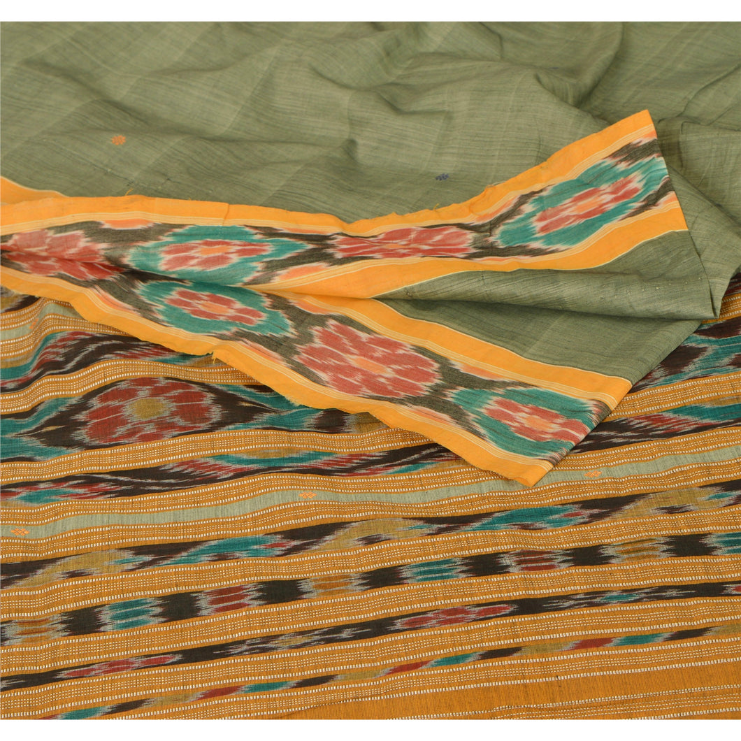 Sanskriti Vintage Saree Ikat Woven Work Patola 5 Yd Sari Crfat Fabric Cotton Soft Green