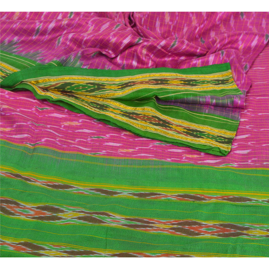 Sanskriti Vintage Pink Saree Pure Silk Ikat Woven Work Pochampally Sari Craft Fabric