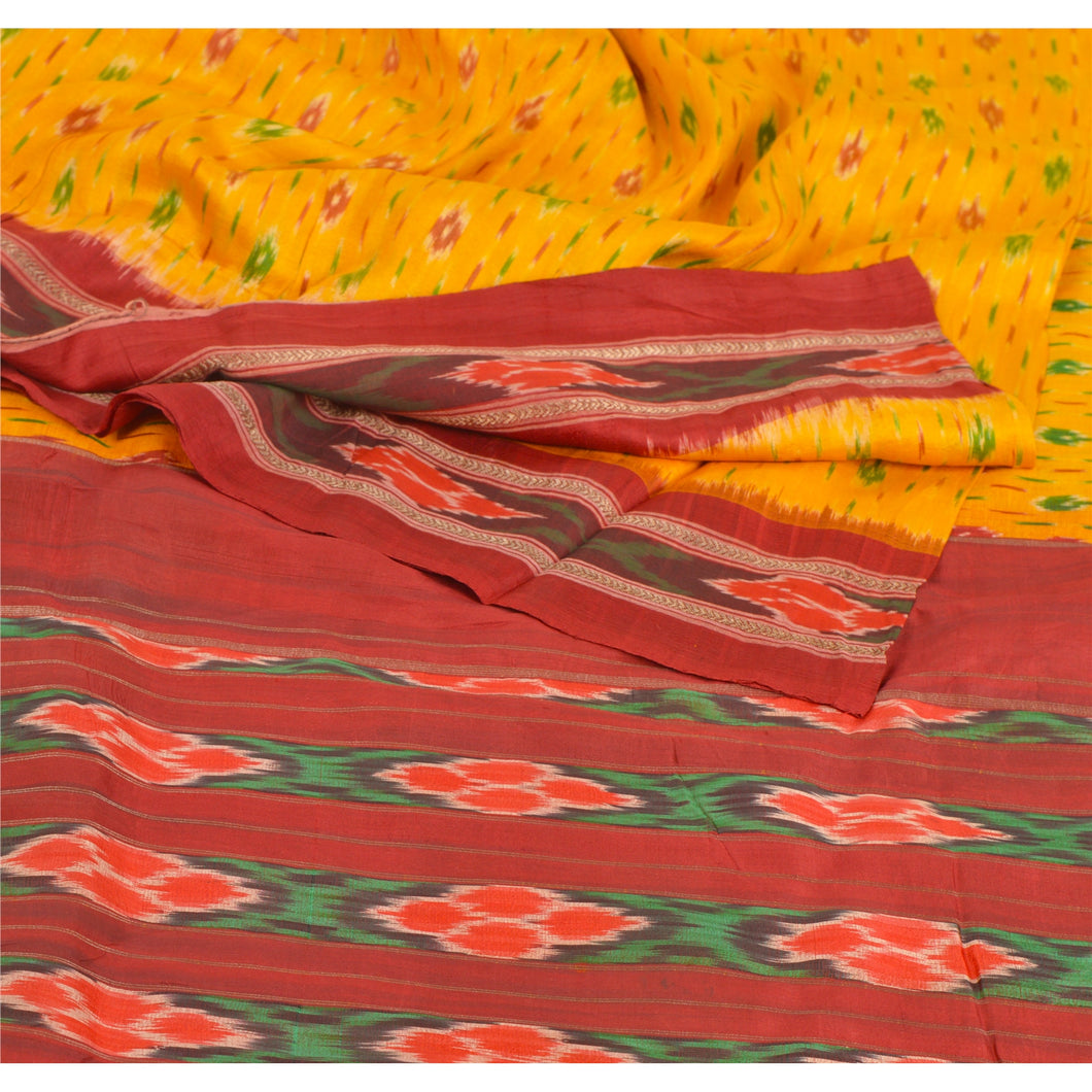 Sanskriti Vintage Yellow Saree Pure Silk Patola Ikat Woven Work Sari Craft 5Yd Fabric