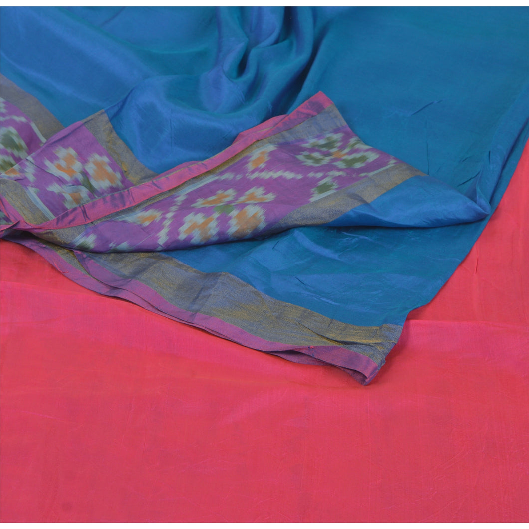 Sanskriti Vintage Blue Woven Ikat Patola Saree Blend Silk Sari Craft Soft Fabric