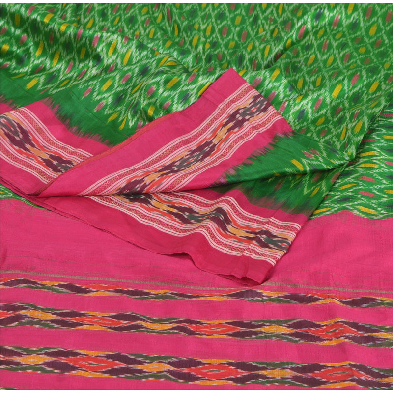 Sanskriti Vintage Sari 100% Pure Silk Green Sarees Woven Pochampaily 5yd Craft Fabric upholstery fabric