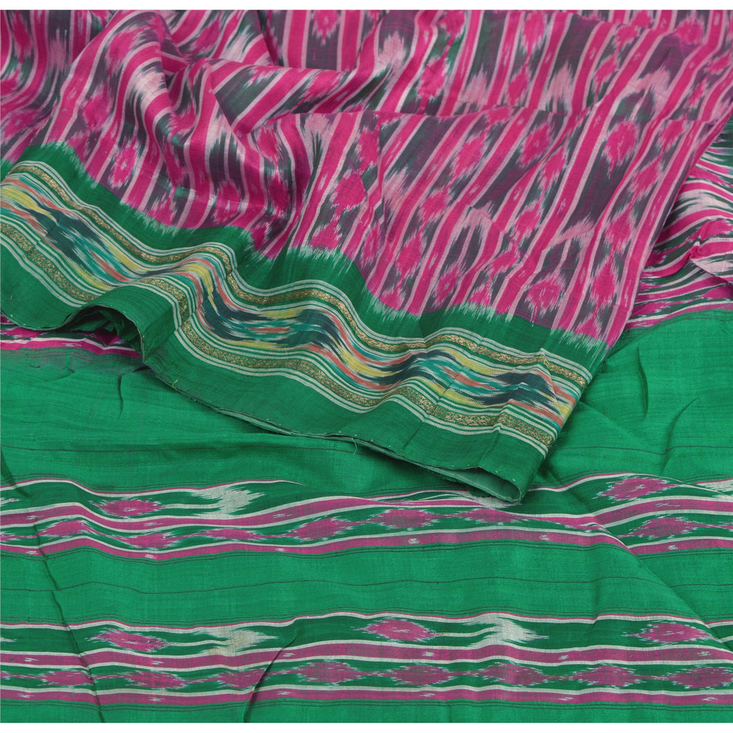 Sanskriti Vintage Pink Saree 100% Pure Silk Ikat Woven Work Patola Sari Craft Fabric