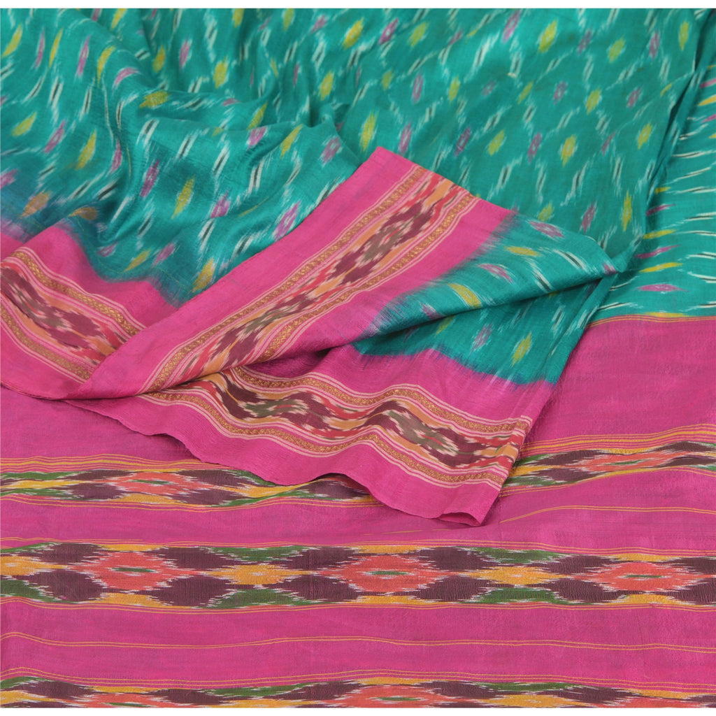 Sanskriti Vintage Saree 100% Pure Silk Decor Fabric Green & Pink Indian Pochampally Women Saree Hand Woven Ikat Sari 5 Yard Craft