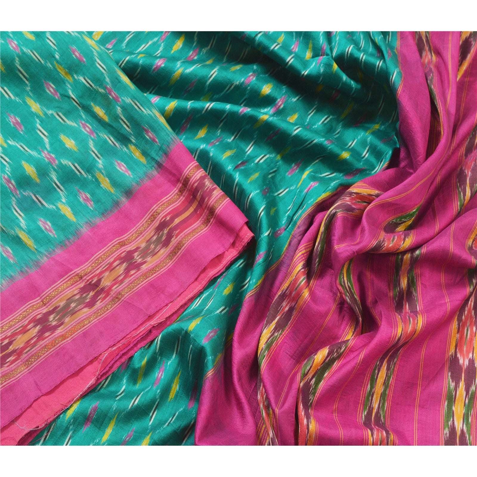 Sanskriti Vintage Saree 100% Pure Silk Decor Fabric Green & Pink Indian Pochampally Women Saree Hand Woven Ikat Sari 5 Yard Craft