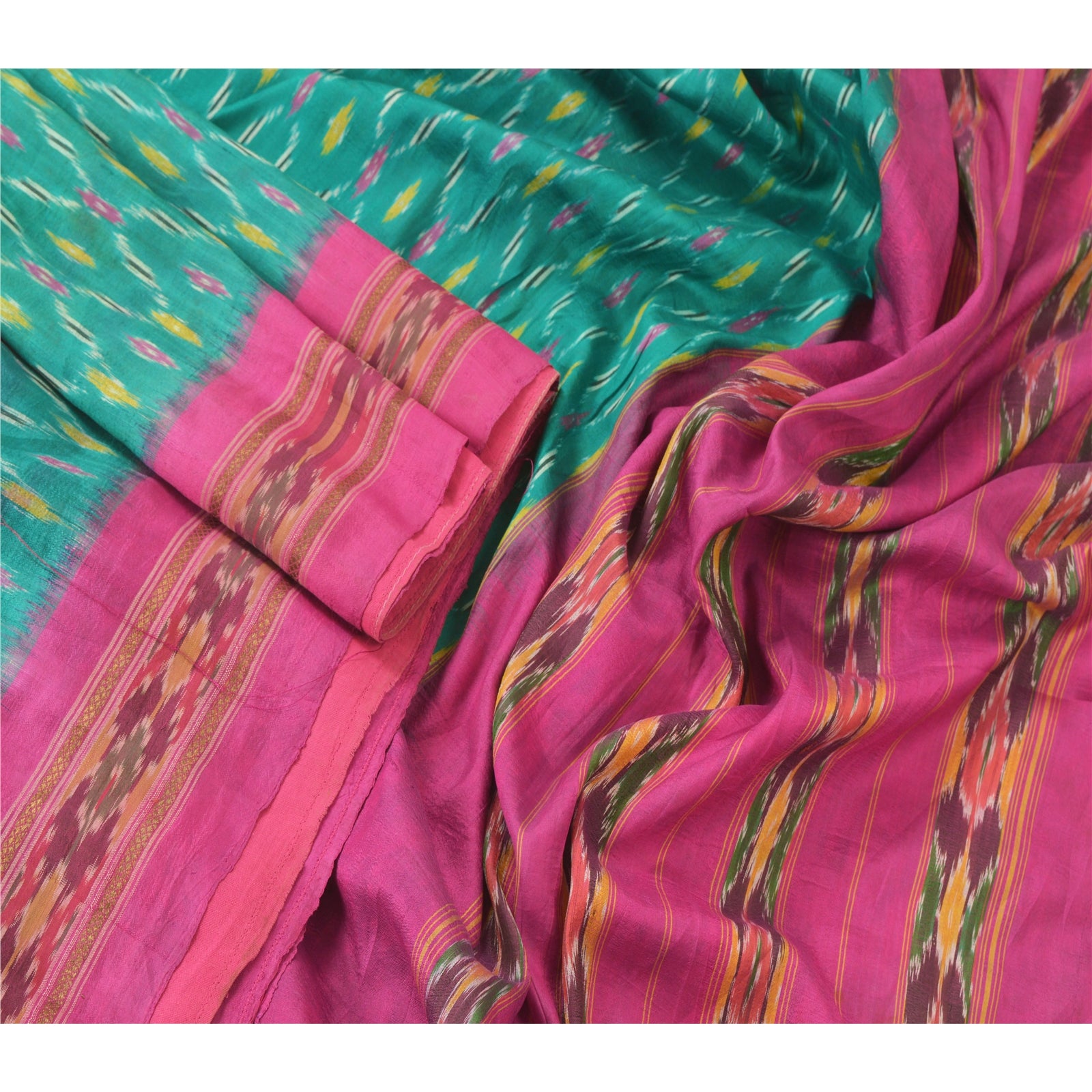 Sanskriti Vintage Saree 100% Pure Silk Decor Fabric Green & Pink Indian Pochampally Women Saree Hand Woven Ikat Sari 5 Yard Craft