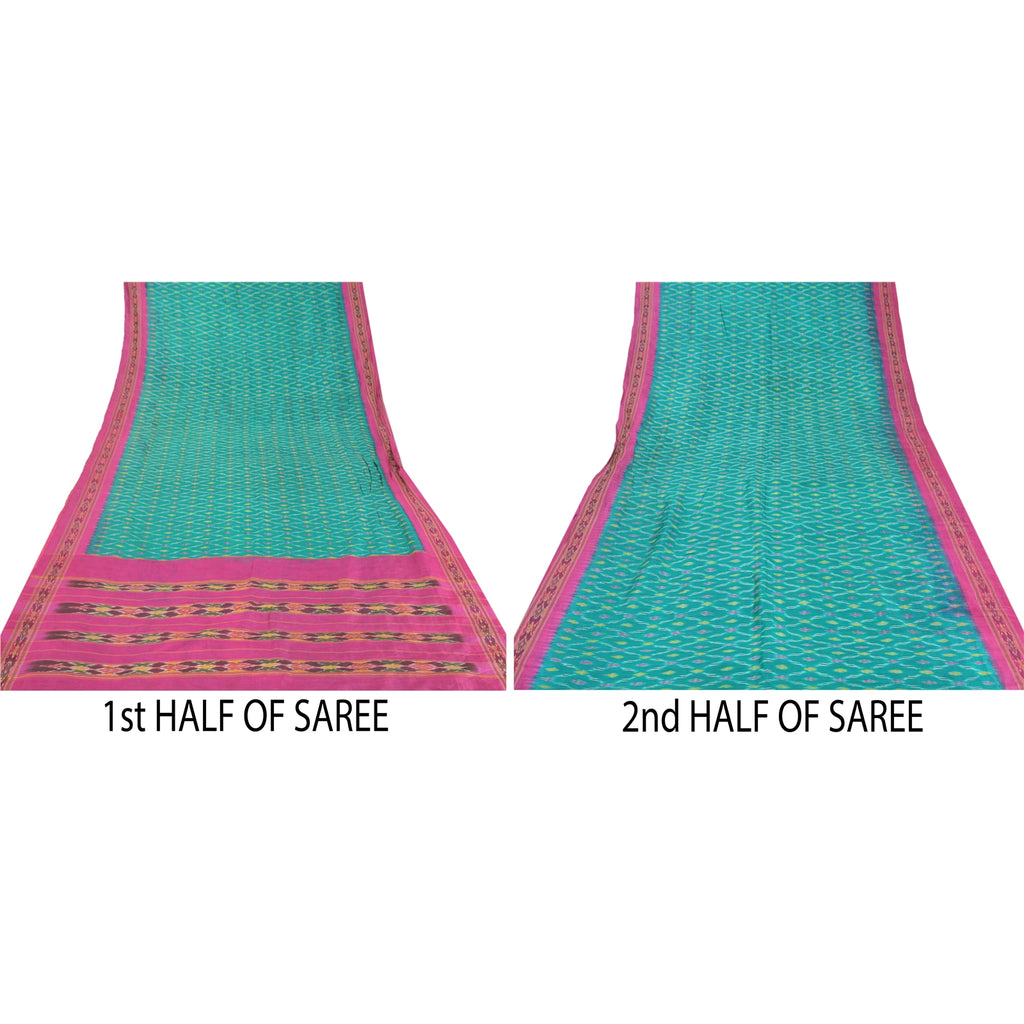 Sanskriti Vintage Saree 100% Pure Silk Decor Fabric Green & Pink Indian Pochampally Women Saree Hand Woven Ikat Sari 5 Yard Craft