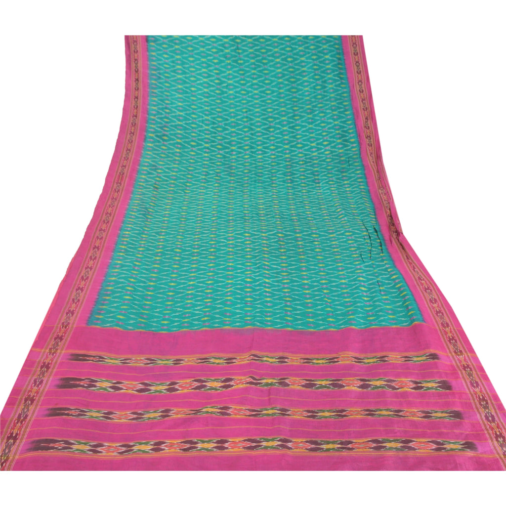 Sanskriti Vintage Saree 100% Pure Silk Decor Fabric Green & Pink Indian Pochampally Women Saree Hand Woven Ikat Sari 5 Yard Craft