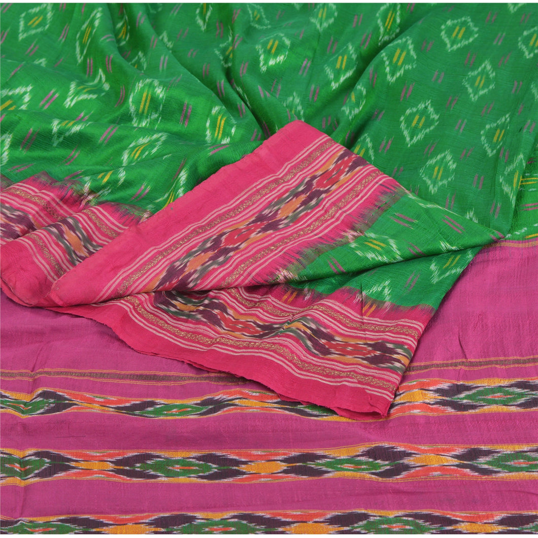 Sanskriti Vintage Green Saree 100% Pure Silk Ikat Woven Work Patola Sari Craft Fabric
