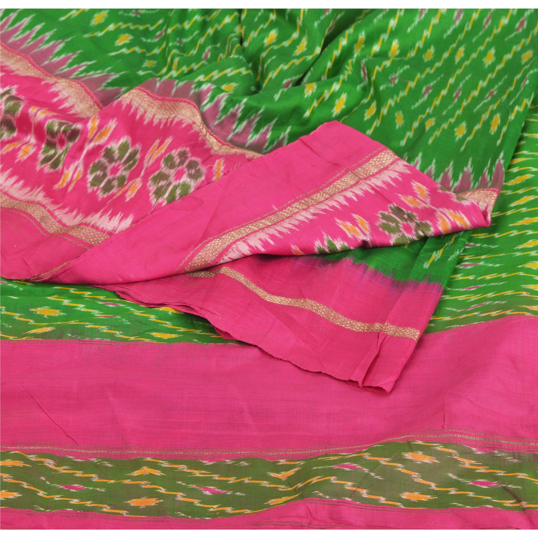 Sanskriti Vintage Green Saree Pure Silk Ikat Woven Work Patola Sari Craft Fabric