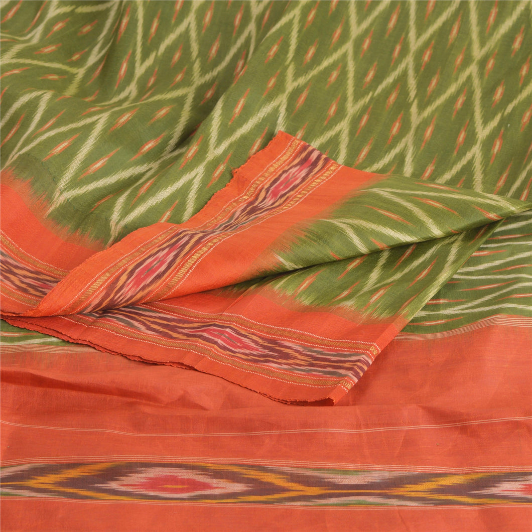 Sanskriti Vintage Green Saree Pure Silk Ikat Woven Work Patola Sari Craft 5 Yard Fabric