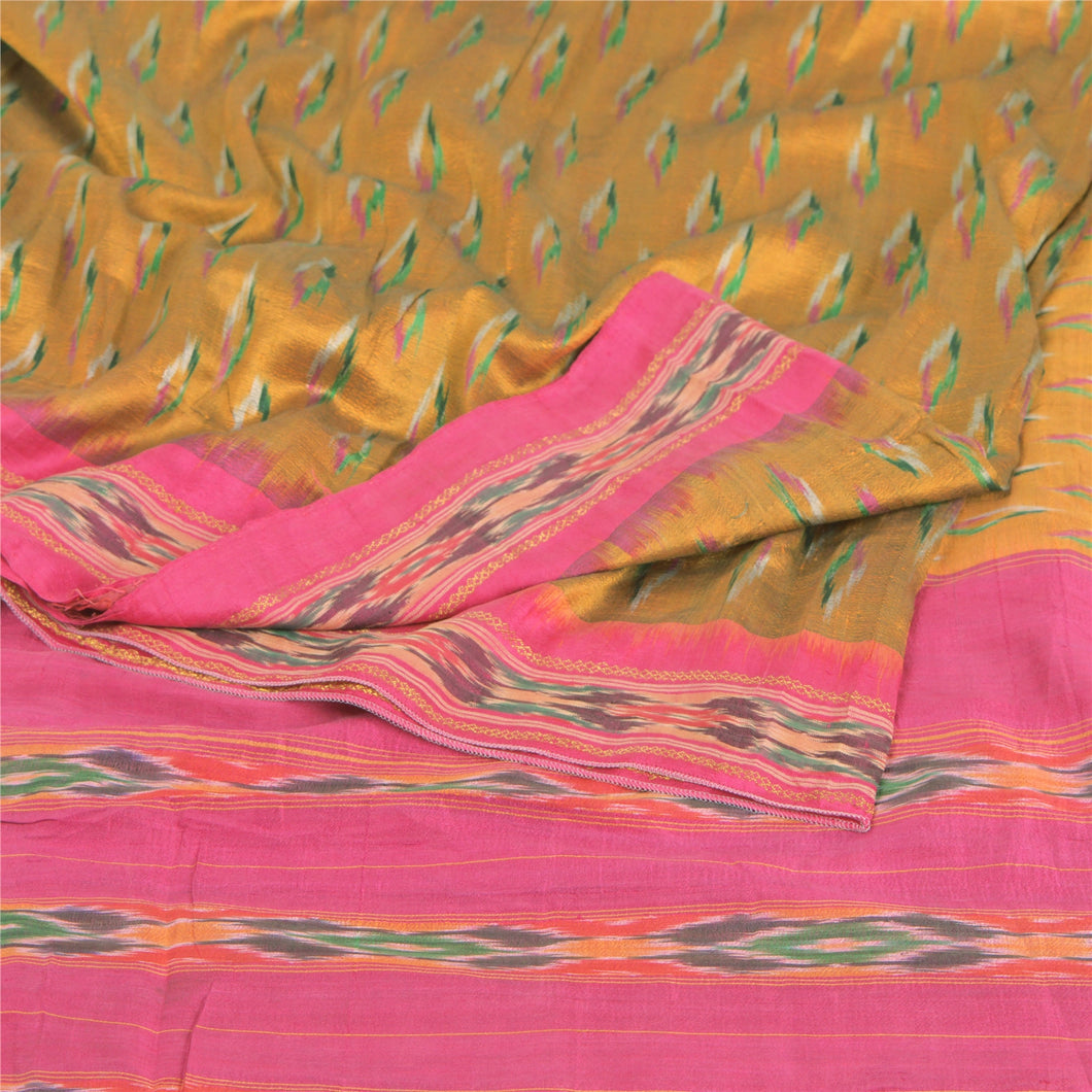 Sanskriti Vintage Mustard Saree Pure Silk Ikat Woven Work Patola Ikat Sari Craft Fabric