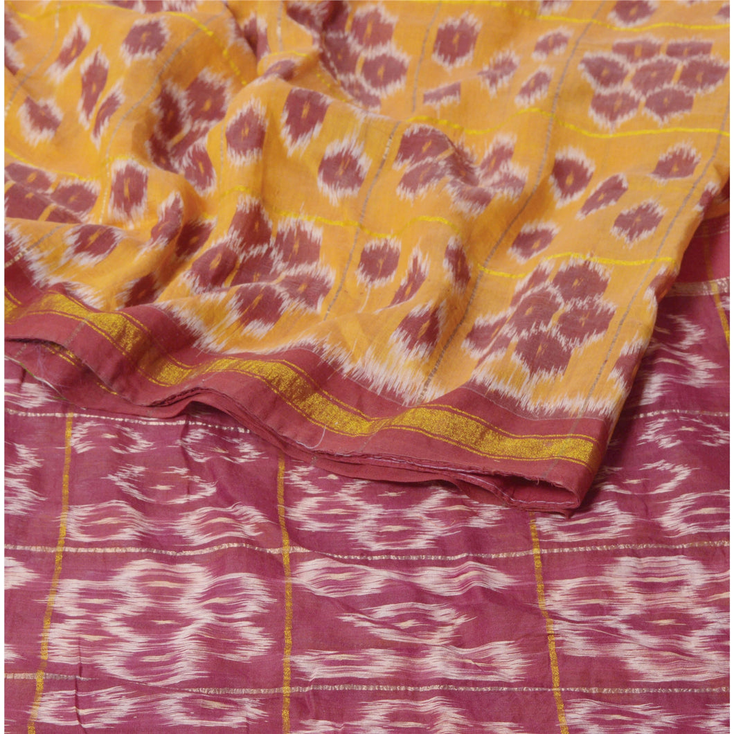 Sanskriti Vintage Yellow Ethnic Saree Pure Cotton Ikat Woven Work Patola Fabric Sari