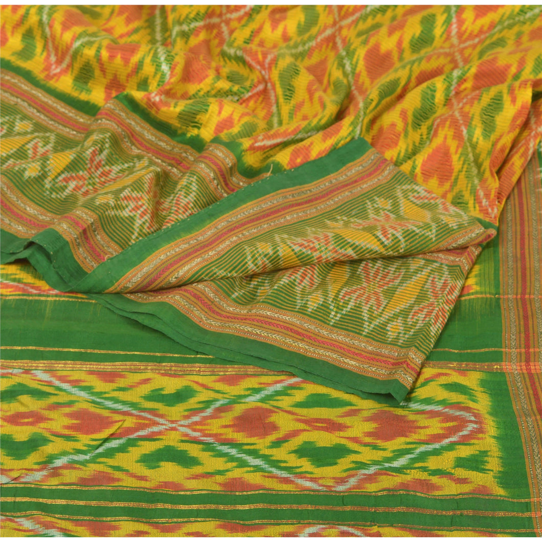Sanskriti Indian Vintage Green Fabric Saree Pure Silk Ikat Woven Work Patola Sari