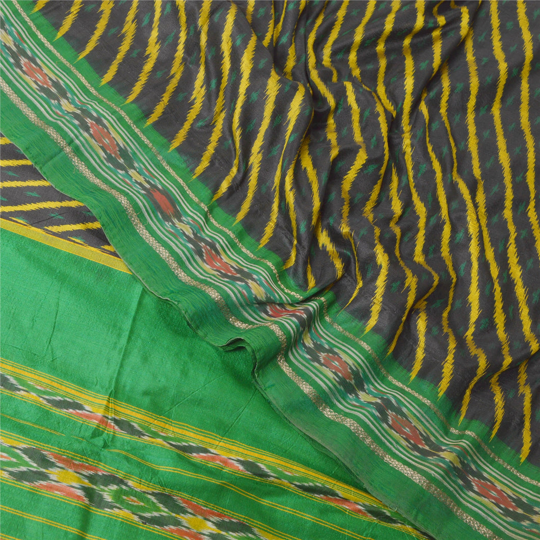 Sanskriti Indian Vintage Black Saree Pure Silk Fabric Ikat Woven Work Patola Sari