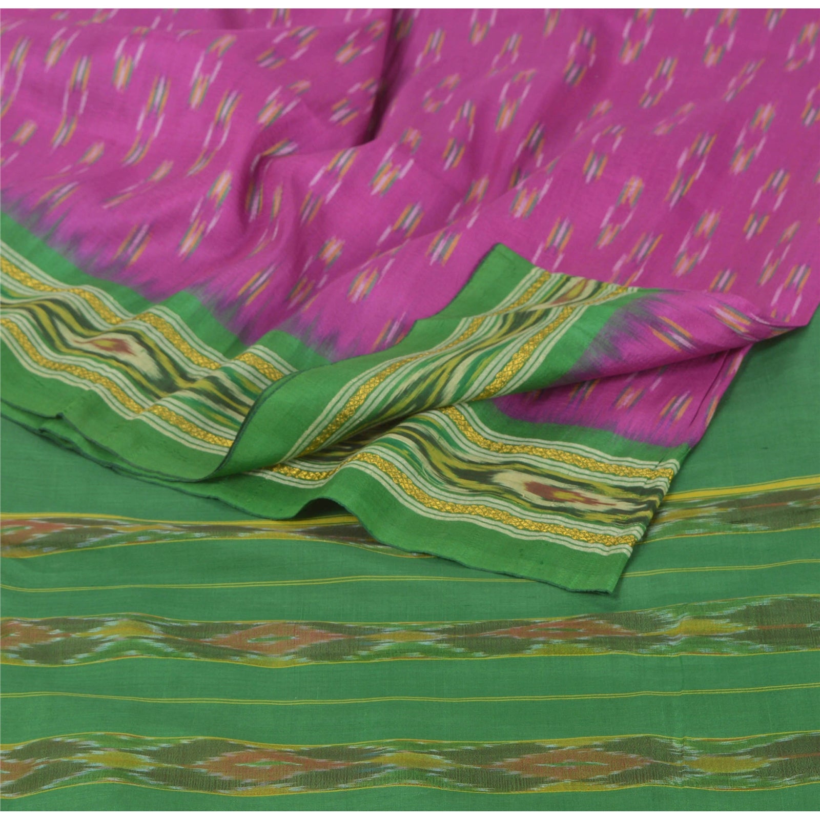 Sanskriti Vintage Silk Sari Fabric: Purple & Green Woven Ikat, 5Yd