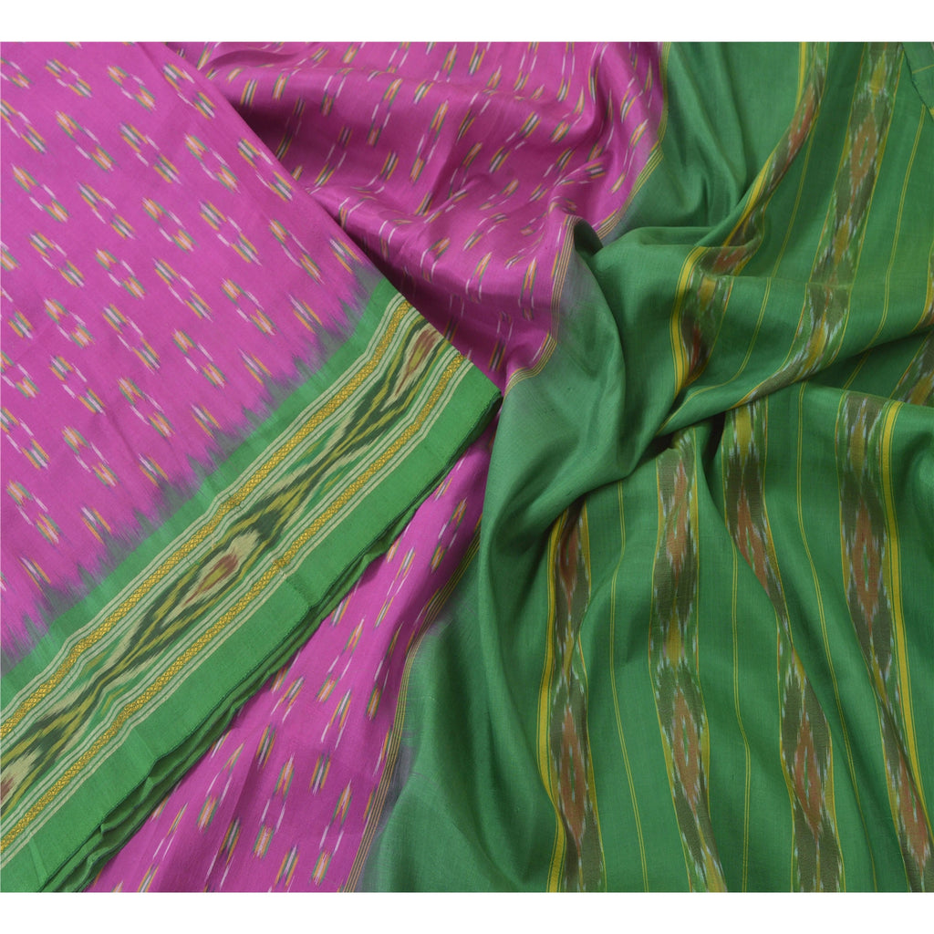 Sanskriti Vintage Silk Sari Fabric: Purple & Green Woven Ikat, 5Yd