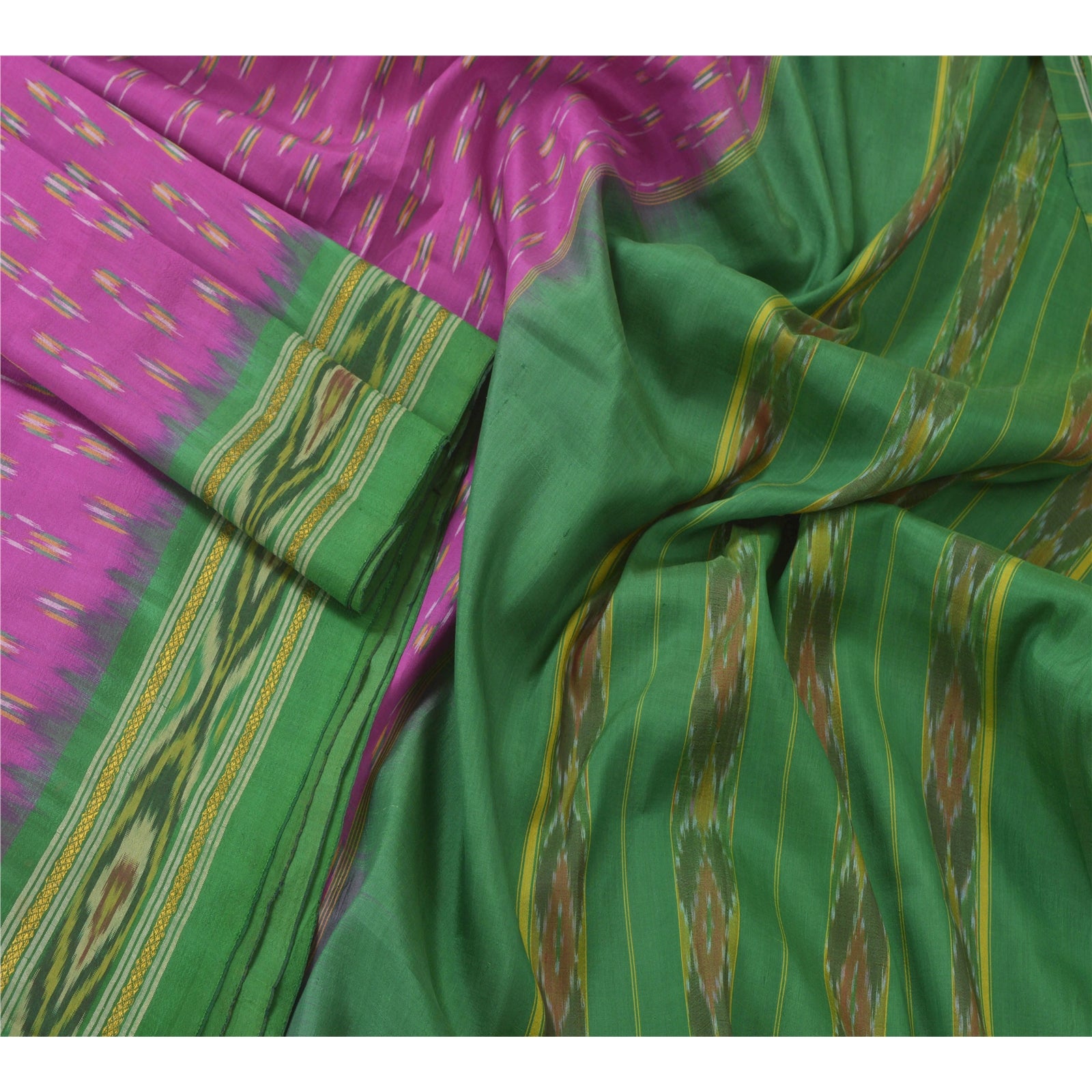 Sanskriti Vintage Silk Sari Fabric: Purple & Green Woven Ikat, 5Yd
