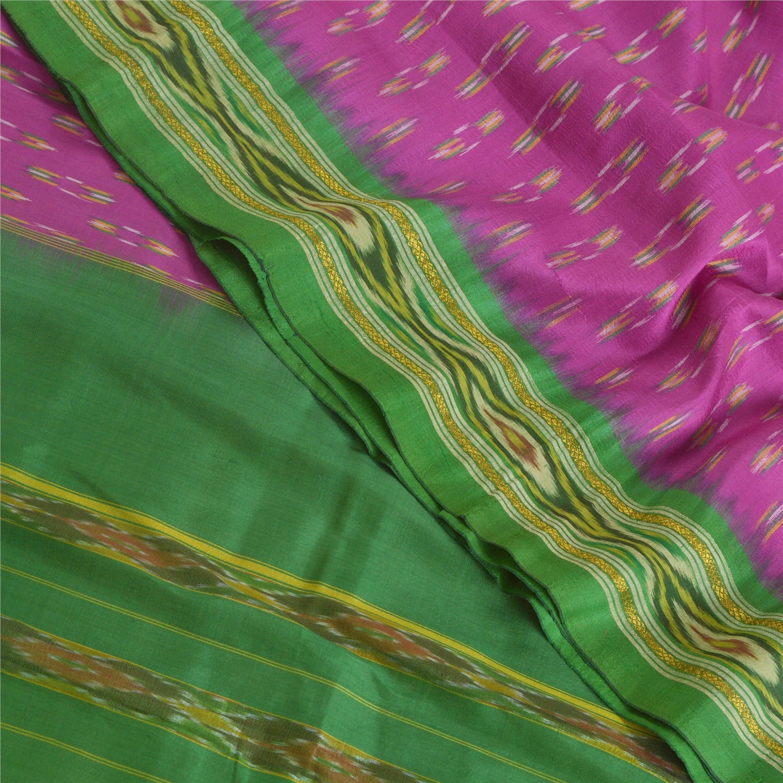 Sanskriti Vintage Silk Sari Fabric: Purple & Green Woven Ikat, 5Yd