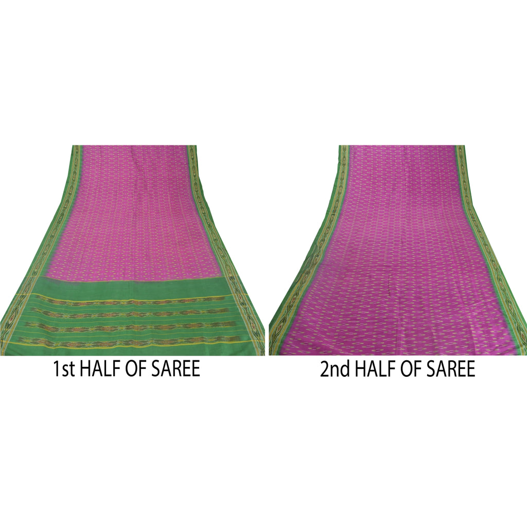 Sanskriti Vintage Silk Sari Fabric: Purple & Green Woven Ikat, 5Yd