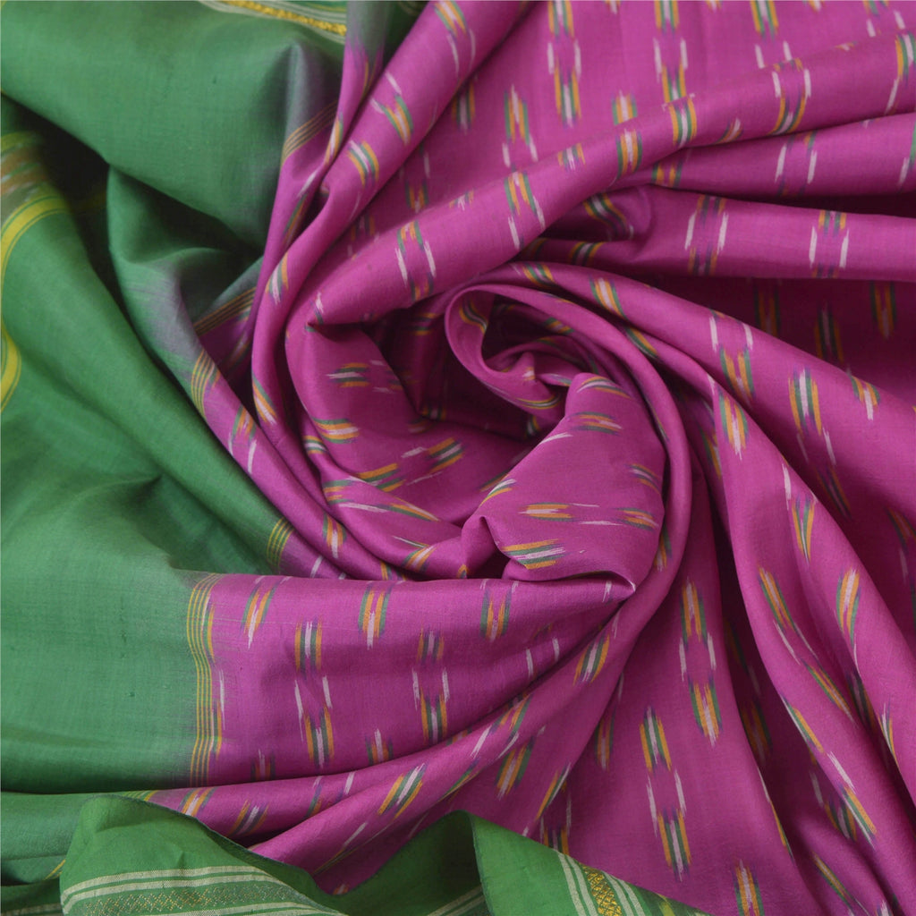 Sanskriti Vintage Silk Sari Fabric: Purple & Green Woven Ikat, 5Yd