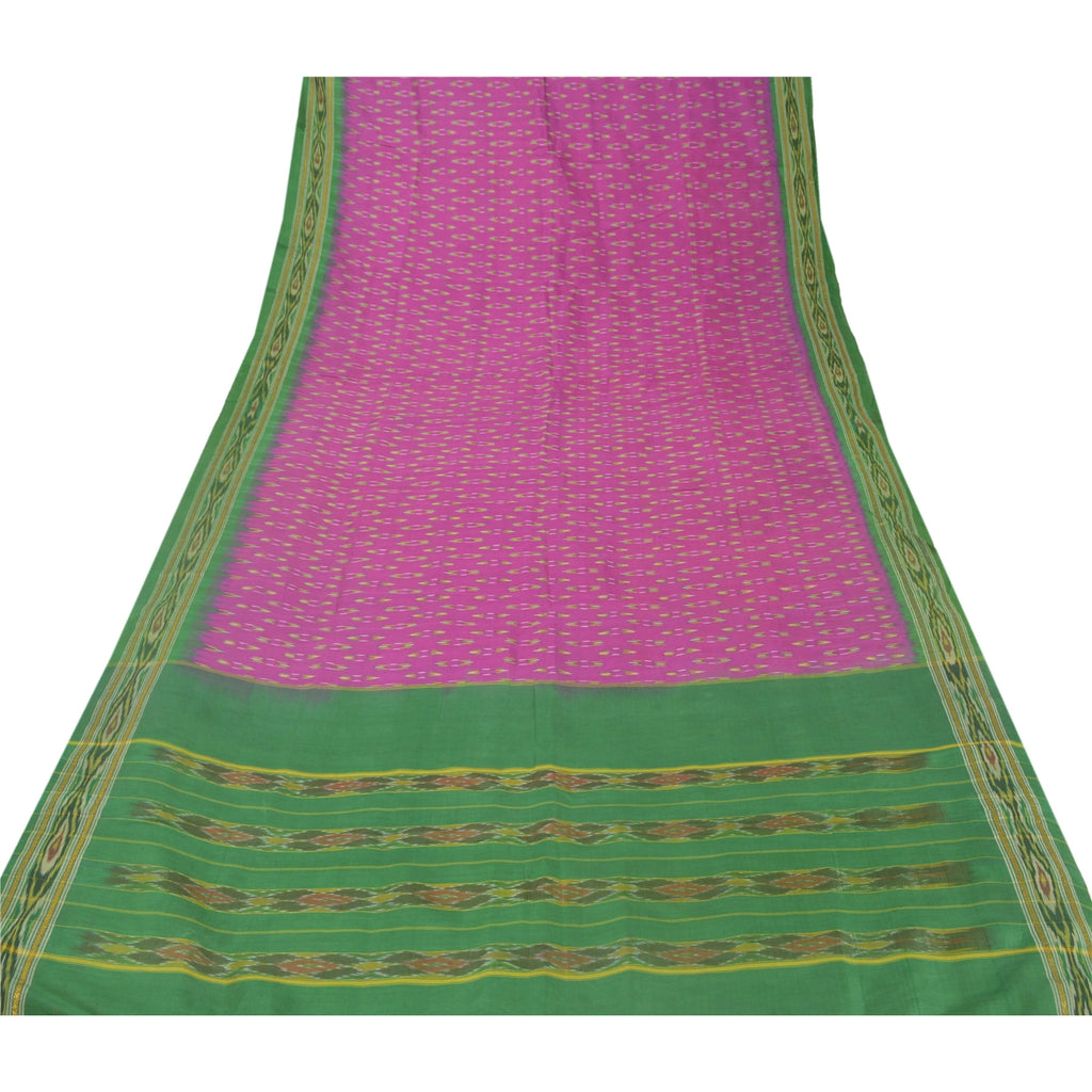 Sanskriti Vintage Silk Sari Fabric: Purple & Green Woven Ikat, 5Yd